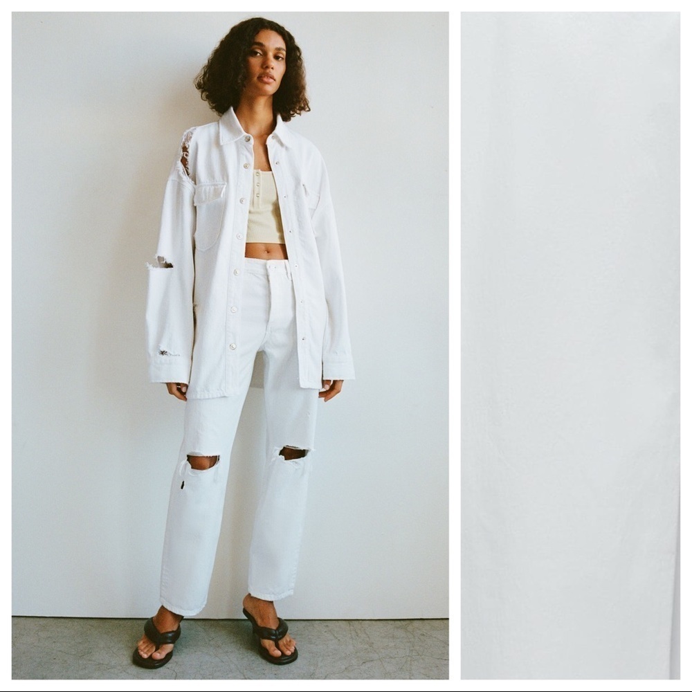 NWT. Zara White Ripped Full Length Straight Leg Mid Rise Jeans. Size 12.